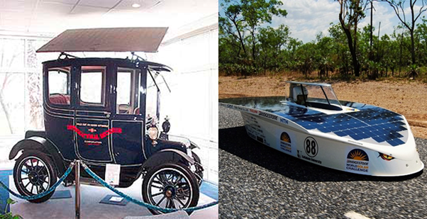 Ein modifiziertes Baker-Auto (links) und ein Teilnehmerfahrzeug der World Solar Challenge 2015 (rechts)